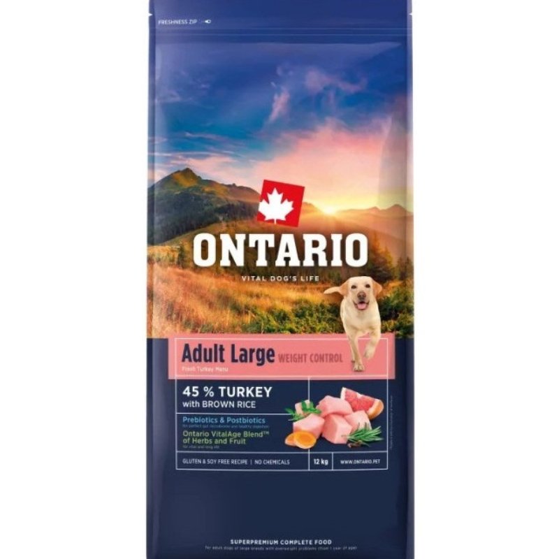 ONTARIO DOG ADULT LARGE  WEIGHT CONTROL TURKEY & BROWN RICE suņu barība 12kg