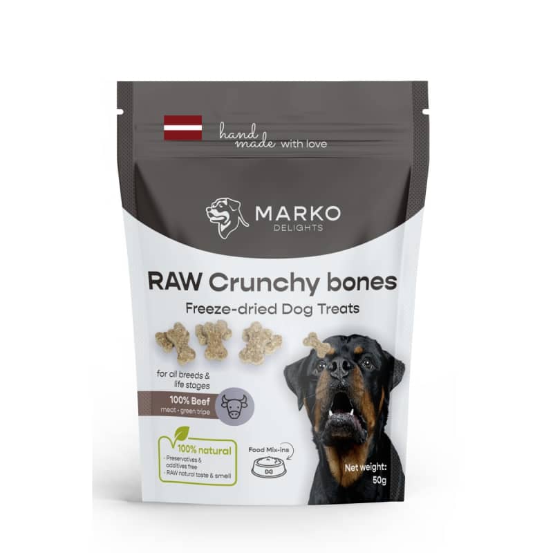 Marko Delights Raw Crunchy Bones liofilizēti gardumi suņiem no liellopa kuņģa un gaļas 50 g