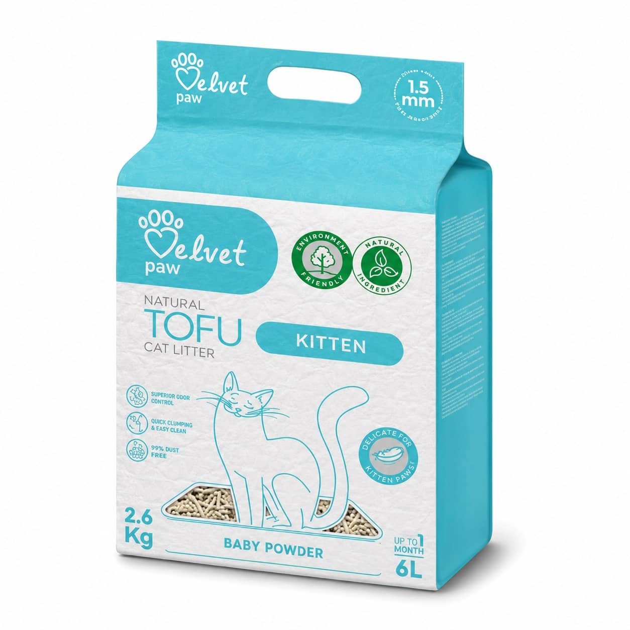 Velvet Paw Kitten tofu pakaiši kaķiem ar bērnu pūdera aromātu 2.6 kg 6 L