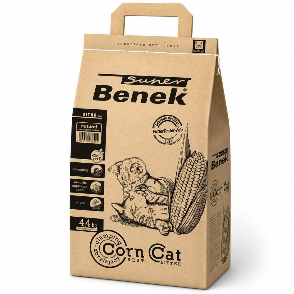 Super Benek Natural cementējoši kukurūzas pakaiši kaķiem bez aromāta 4.4 kg 7 L