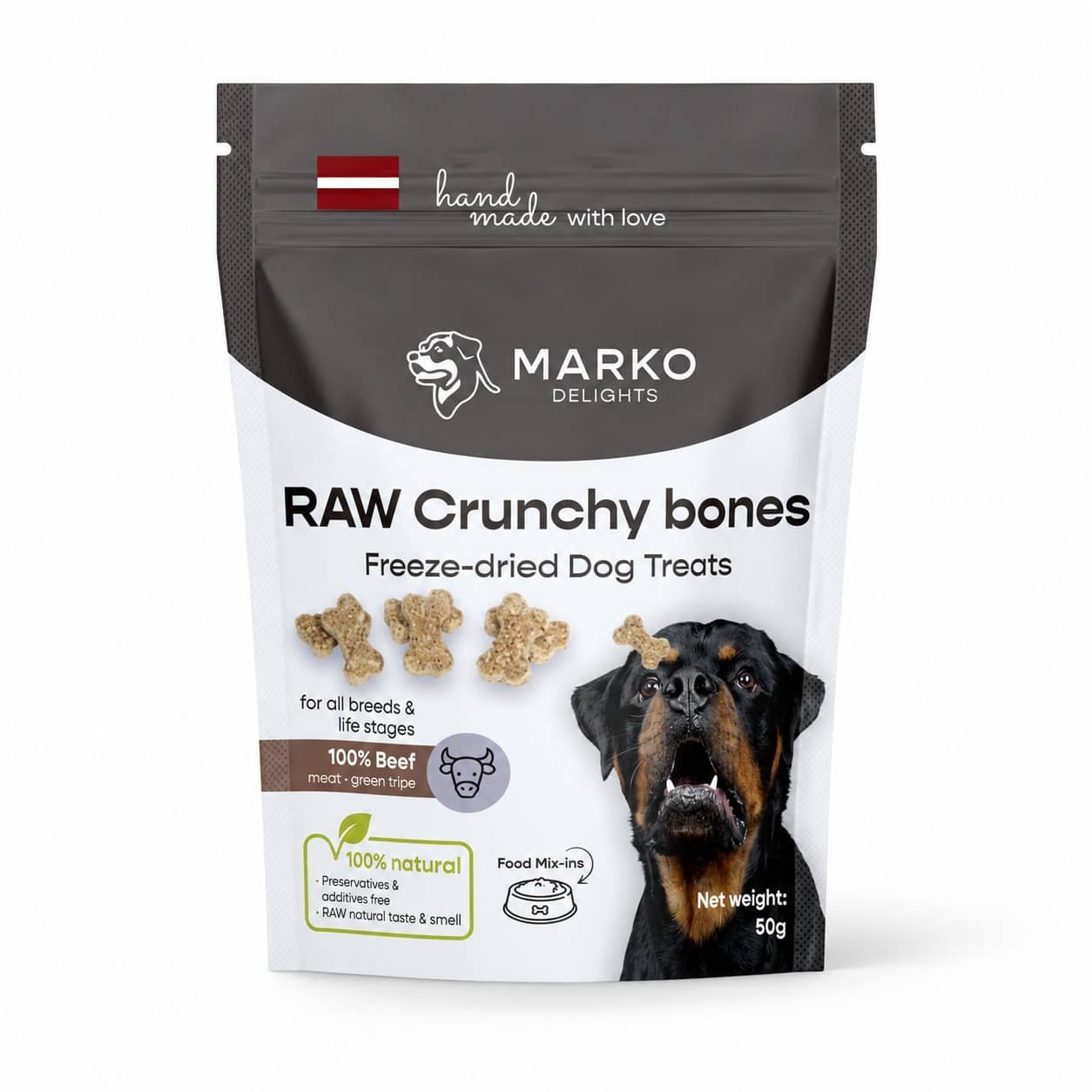 Marko Delights Raw Crunchy Bones liofilizēti gardumi suņiem no liellopa kuņģa un gaļas 50 g