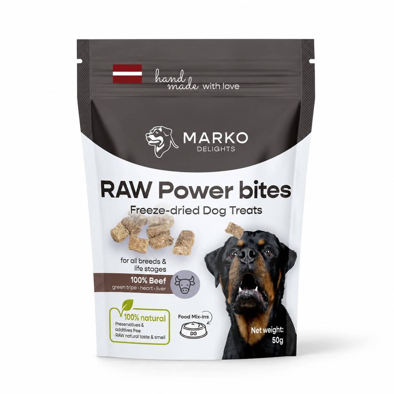 Marko Delights Raw Power Bites liofilizēti gardumi suņiem no liellopa sirds, aknām un kuņģa 50 g
