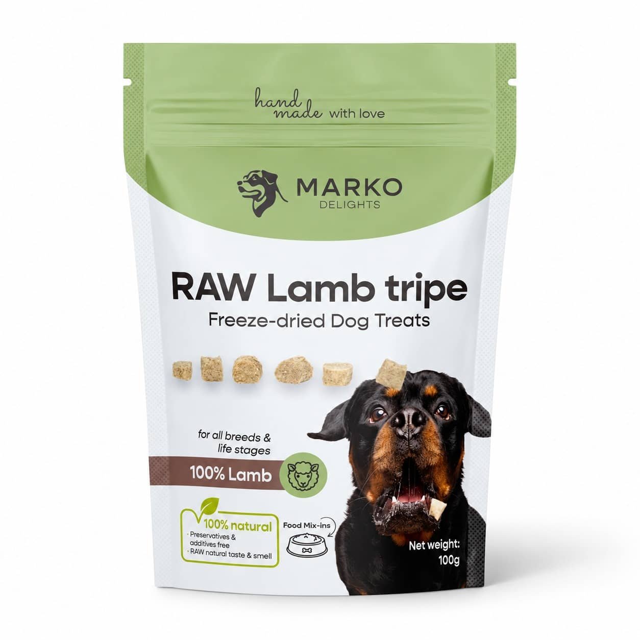 Marko Delights Raw Lamb Tripe liofilizēti gardumi suņiem no jēra kuņģa 50 g