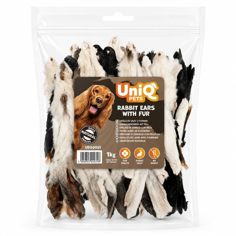 UniQ Pets kaltētas truša ausis ar spalvu suņiem 300 g