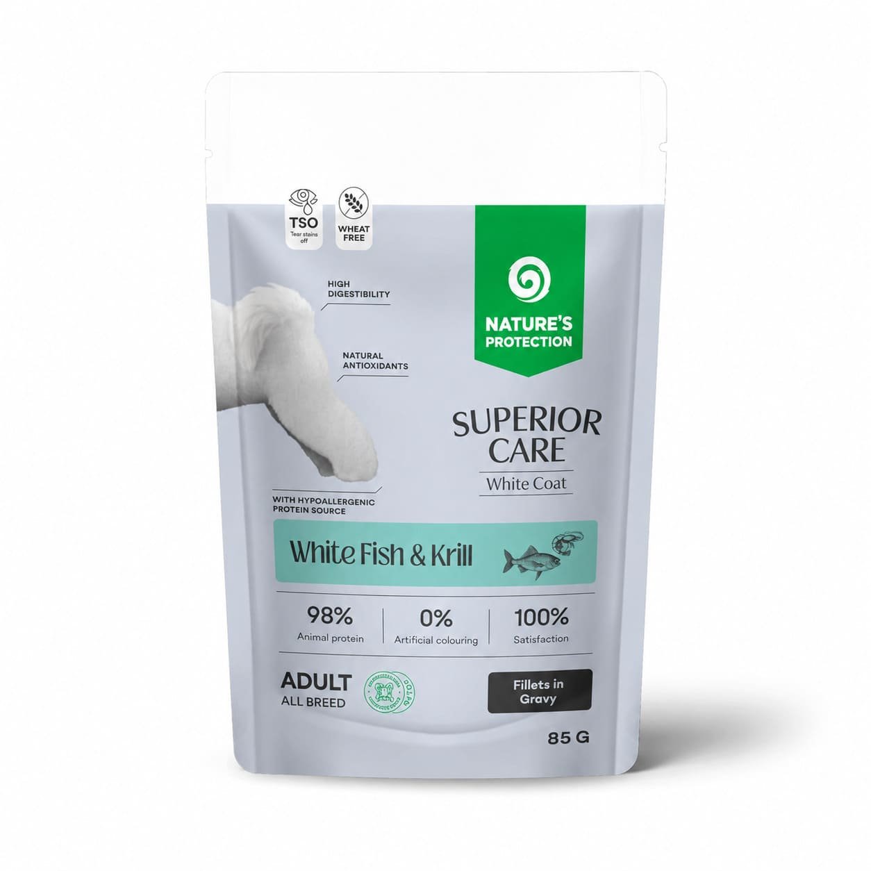 Nature's Protection Superior Care White konservi baltiem suņiem ar baltām zivīm un krilu 85 g
