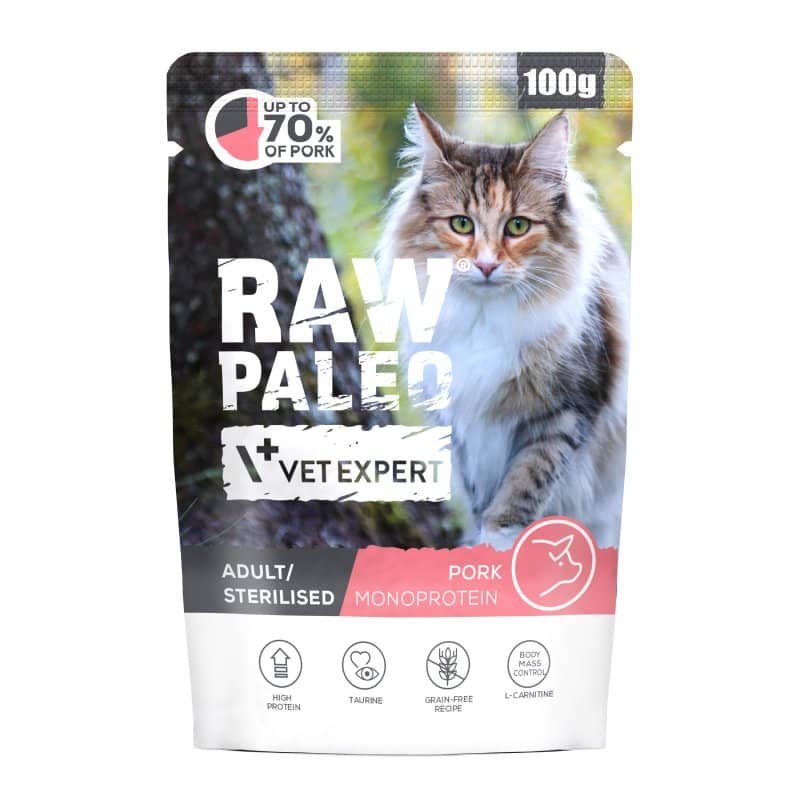Raw Paleo Sterilised Pork konservi sterilizētiem kaķiem ar cūkgaļu 100 g
