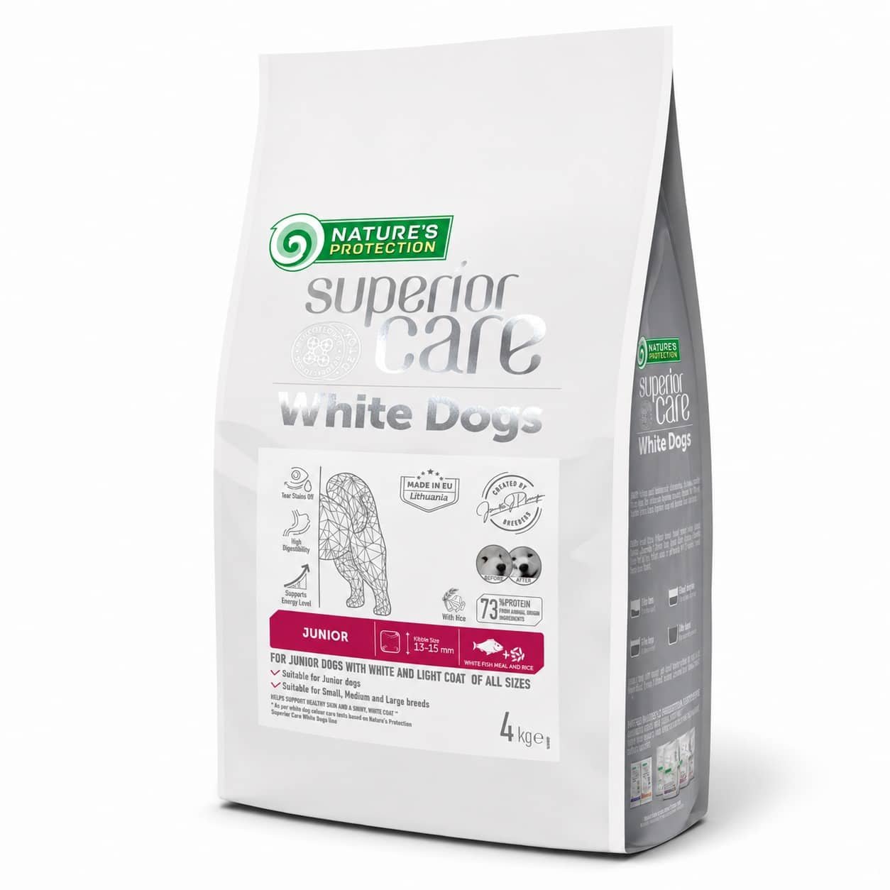 Nature's Protection Superior Care White Dogs Junior All barība kucēniem ar balto zivi un rīsiem 4 kg