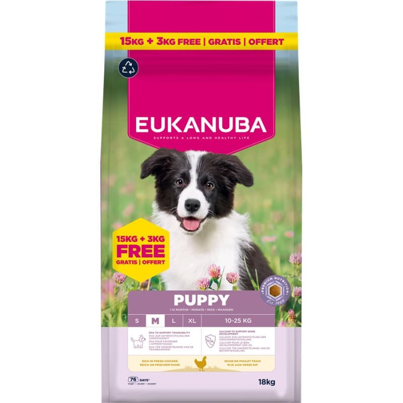 Eukanuba Medium Puppy Chicken suņu barība kucēniem ar vistu 15 kg + 3 kg Bonuspaka