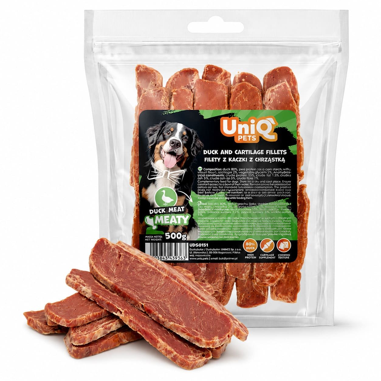 UniQ Pets Duck & Cartilage Fillets gardums suņiem ar pīles gaļu un skrimšļiem 500 g