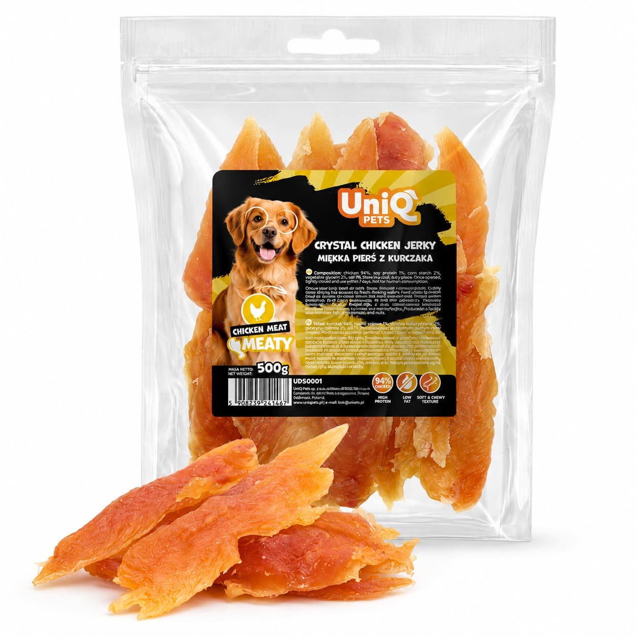 UniQ Pets Crystal Chicken Jerky mīksta vistas gaļa suņiem 500 g