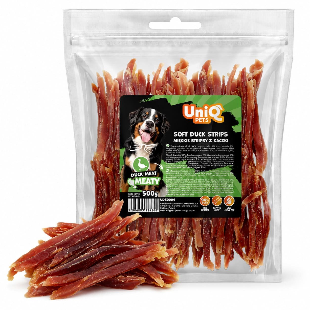 UniQ Pets Soft Duck Strips mīkstas pīles gaļas strēmeles suņiem 500 g