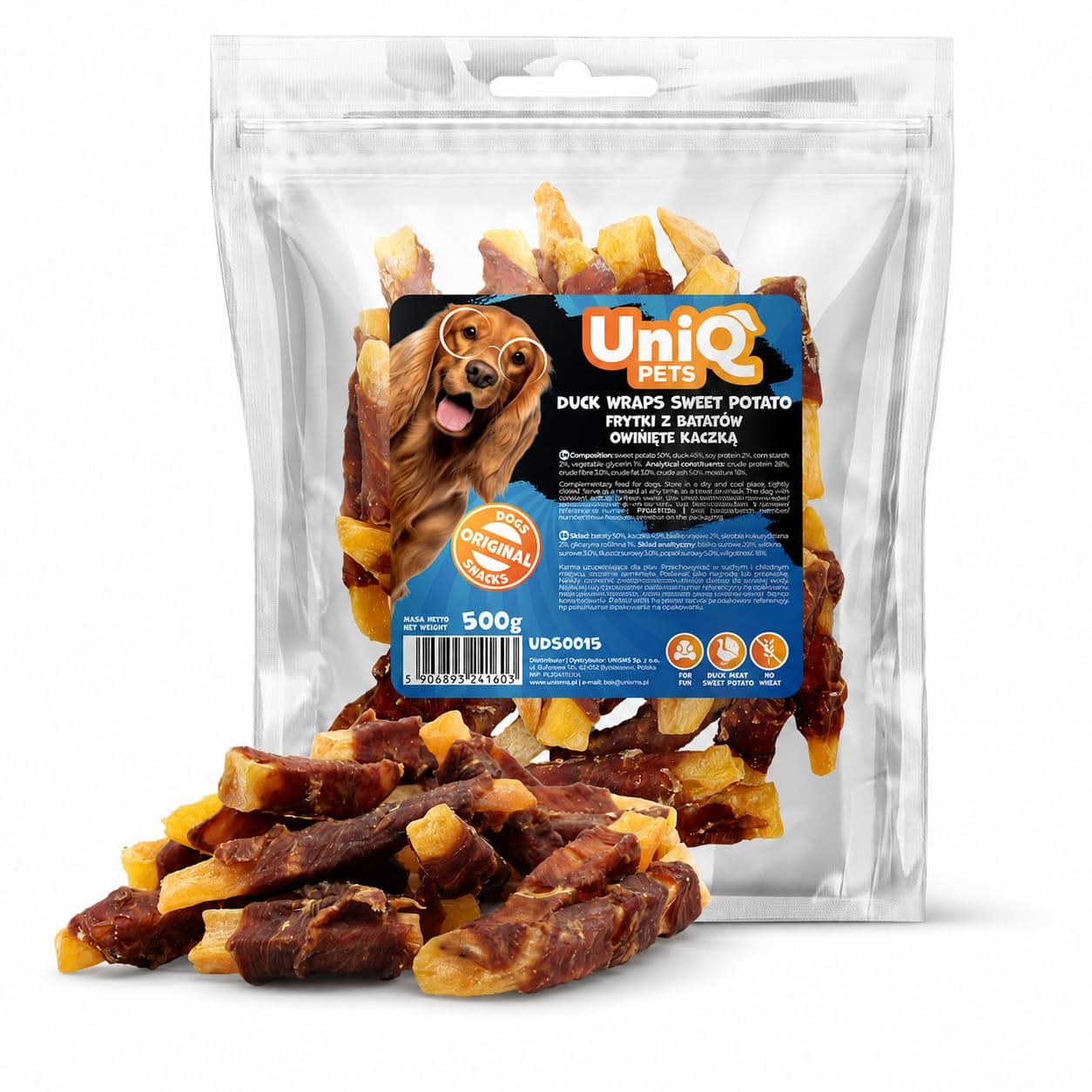 UniQ Pets Duck Wraps Sweet Potato stienīši ar pīles gaļu un saldajiem kartupeļiem suņiem 500 g