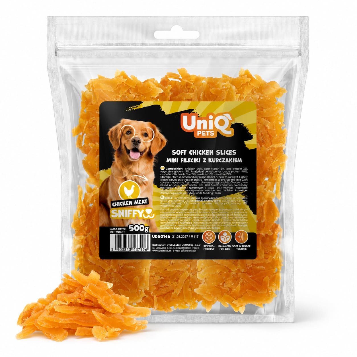 UniQ Pets Soft Chicken Slices mīkstas vistas gaļas šķēlītes suņiem 500 g