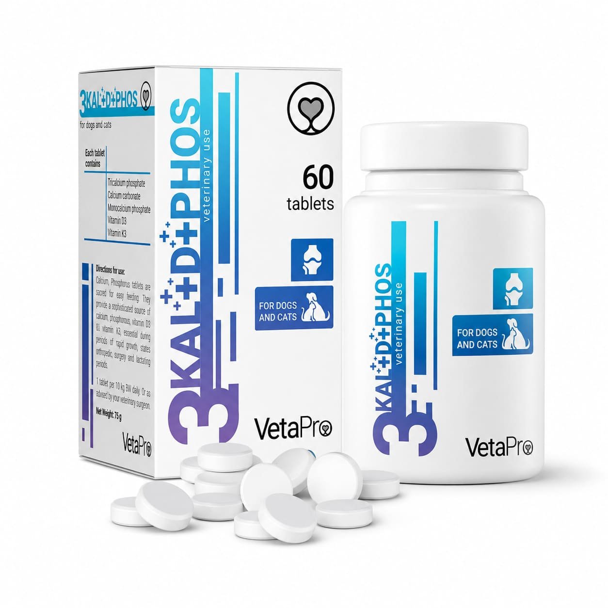 VetaPro 3Kal + D + Phos minerālvielas kauliem un zobiem suņiem un kaķiem N60