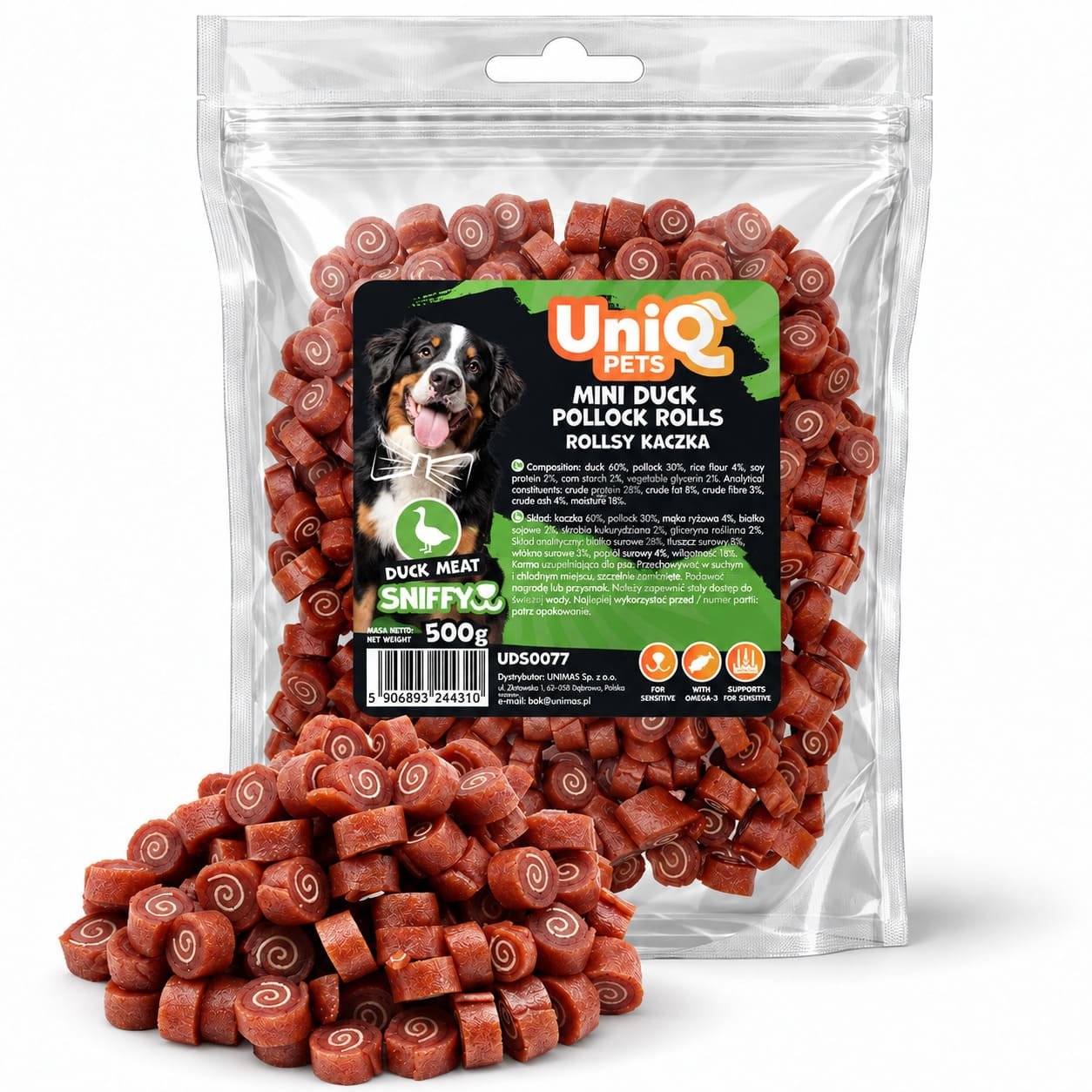 UniQ Pets Mini Duck Rolls mīksti pīles gaļas rullīši suņiem 500 g