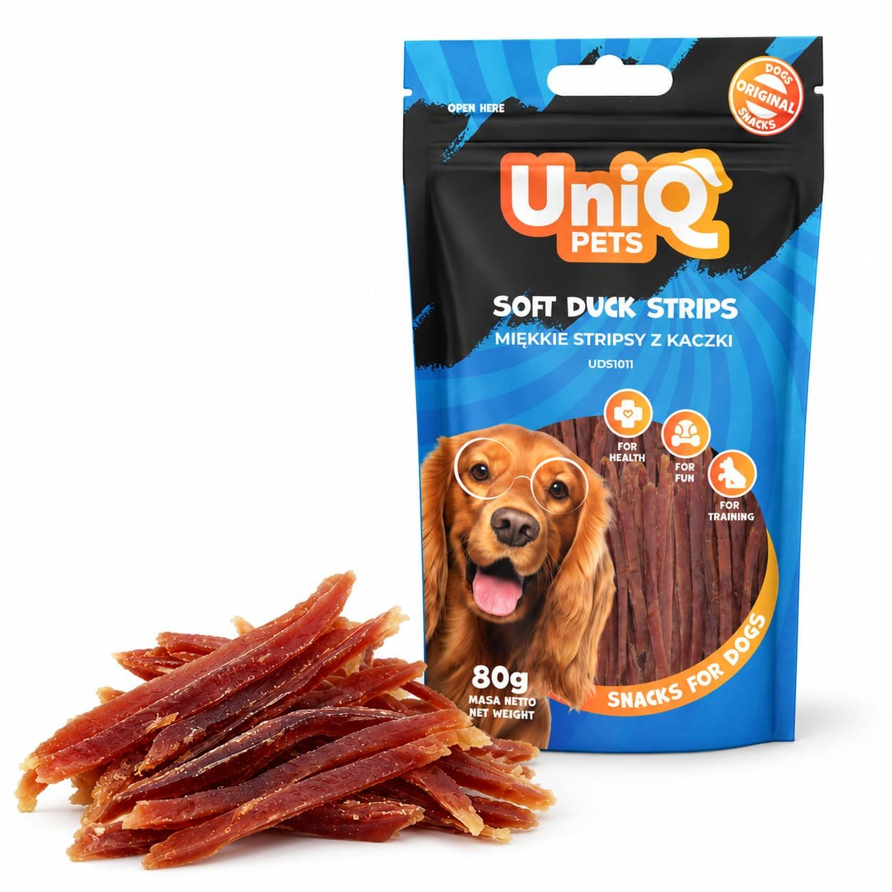UniQ Pets Soft Duck Strips mīkstas pīles gaļas strēmeles suņiem 80 g