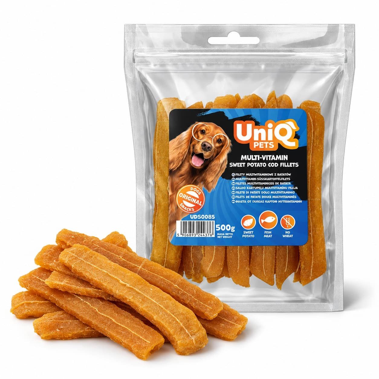 UniQ Pets Multi-Vitamin Sweet Potato & Cod Fillets gardumi suņiem ar saldo kartupeli un mencu 500 g