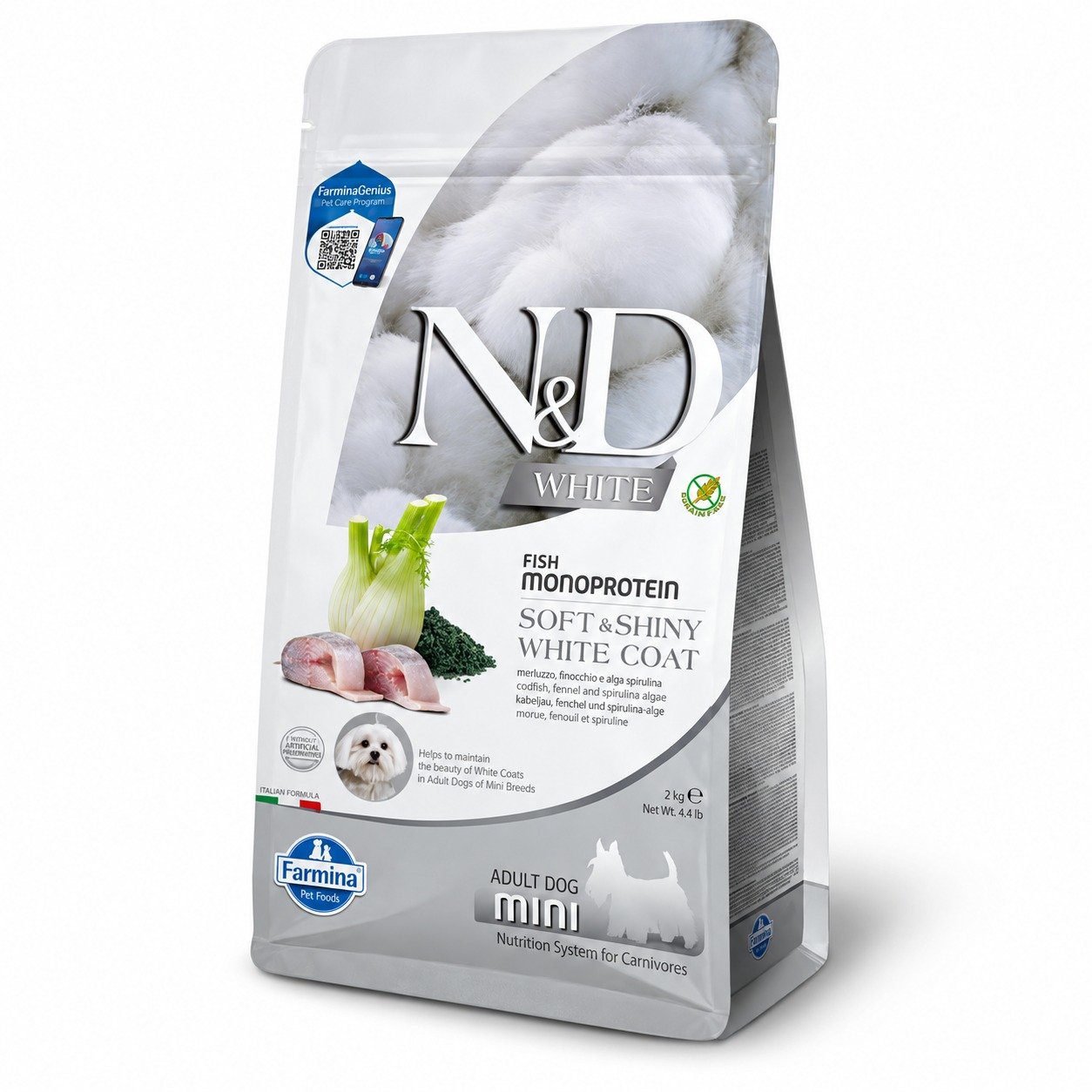 Farmina N&D White Coat Sea Bass, Spirulina & Fennel Mini bezgraudu suņu barība ar jūras asari 5 kg