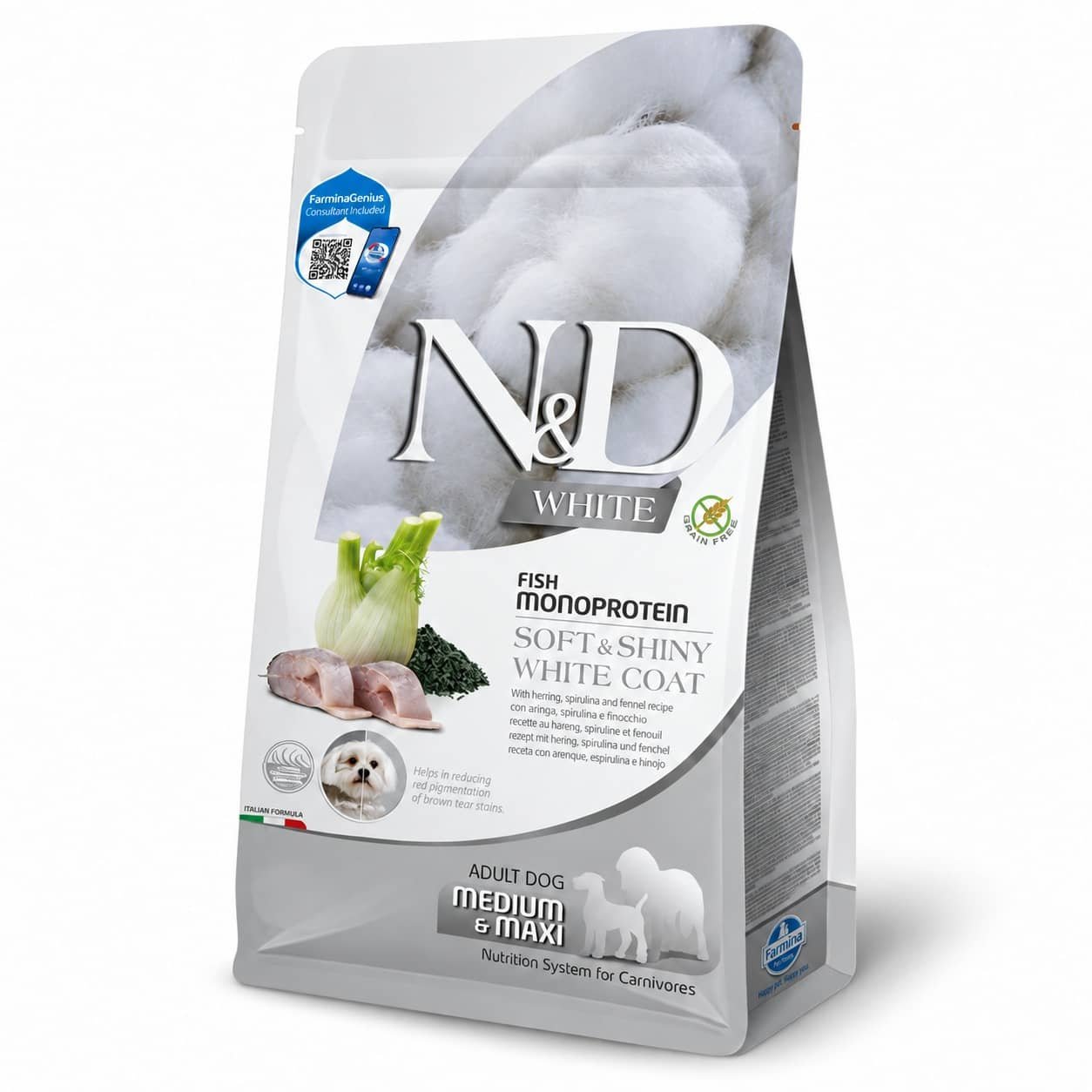 Farmina N&D White Coat Sea Bass, Spirulina & Fennel Medium & Maxi bezgraudu suņu barība ar jūras asari 2 kg