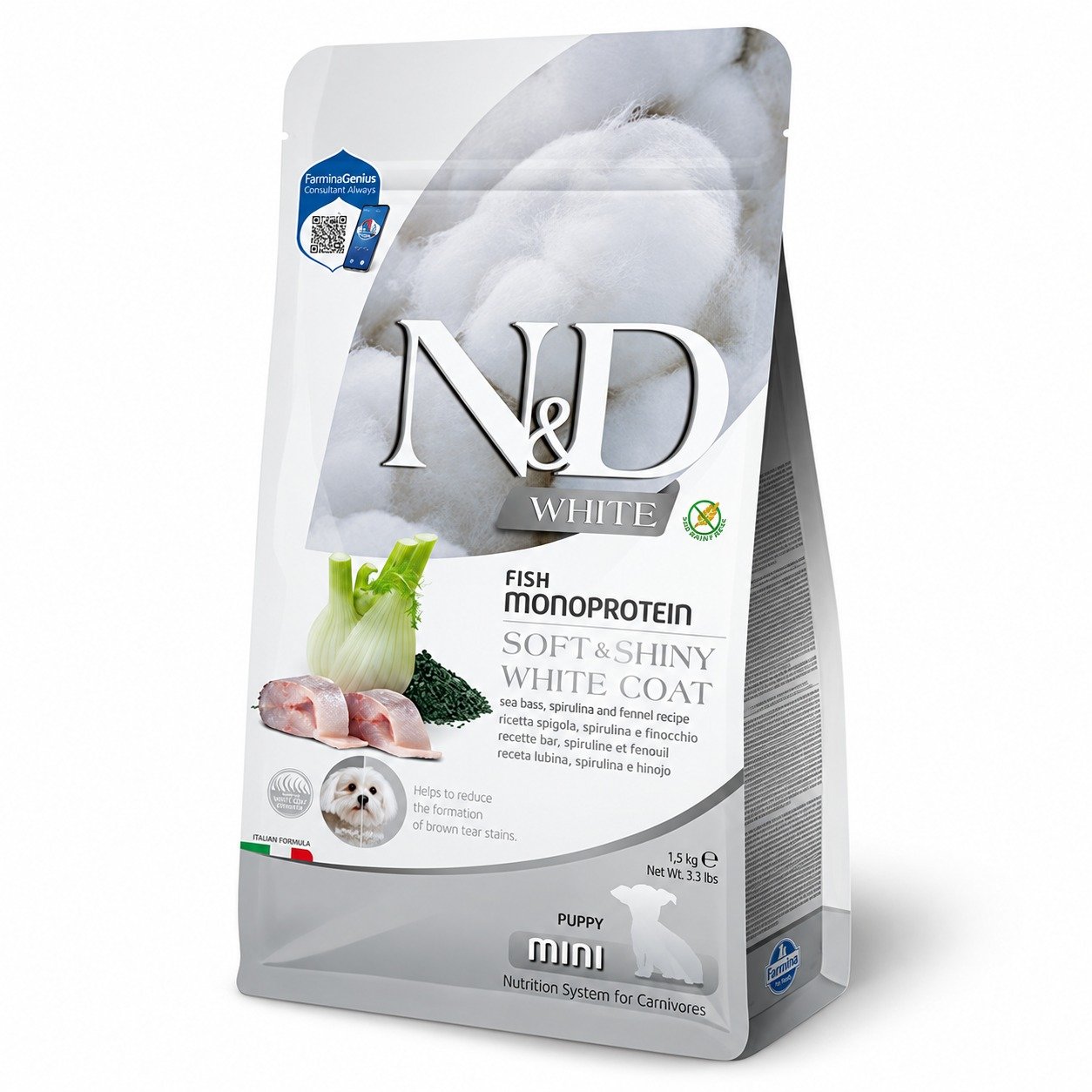 Farmina N&D White Coat Sea Bass, Spirulina & Fennel Mini Puppy bezgraudu barība kucēniem ar jūras asari 1.5 kg