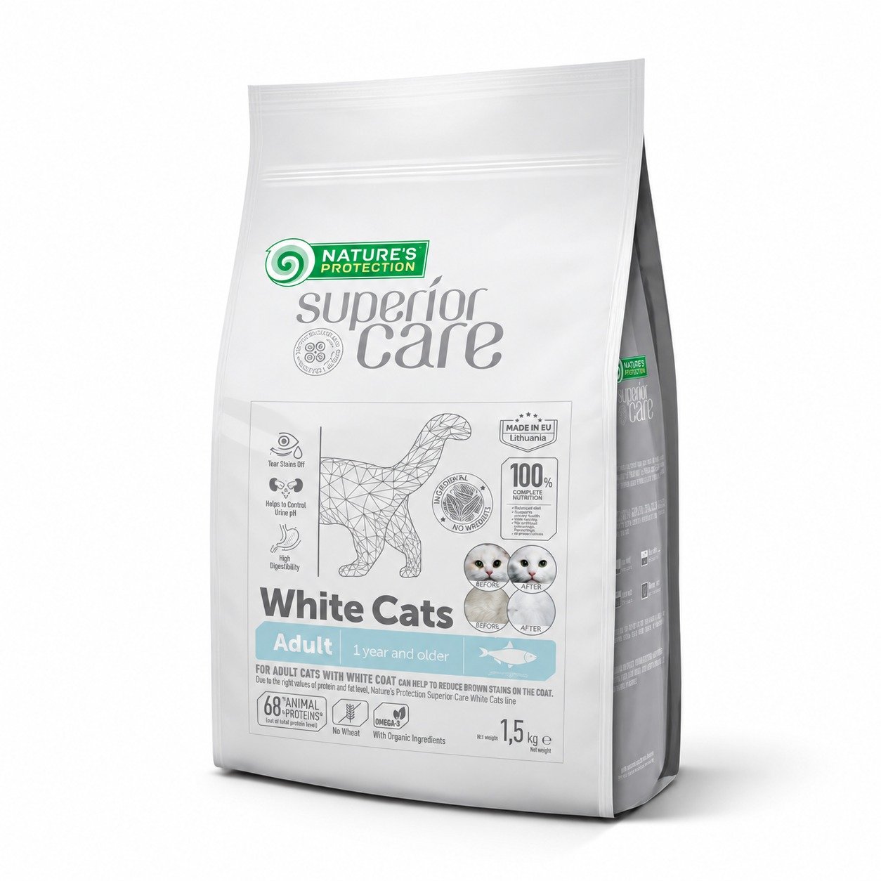 Nature's Protection Superior Care White Cats kaķu barība baltam apmatojumam ar siļķi 1.5 kg
