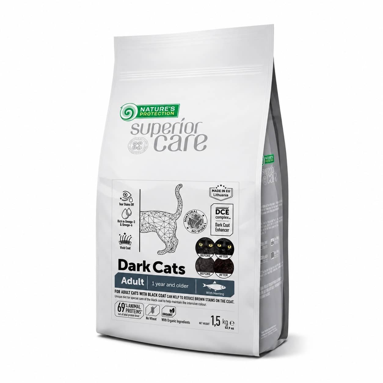 Nature's Protection Superior Care Dark Cats kaķu barība tumšam apmatojumam ar siļķi 1.5 kg