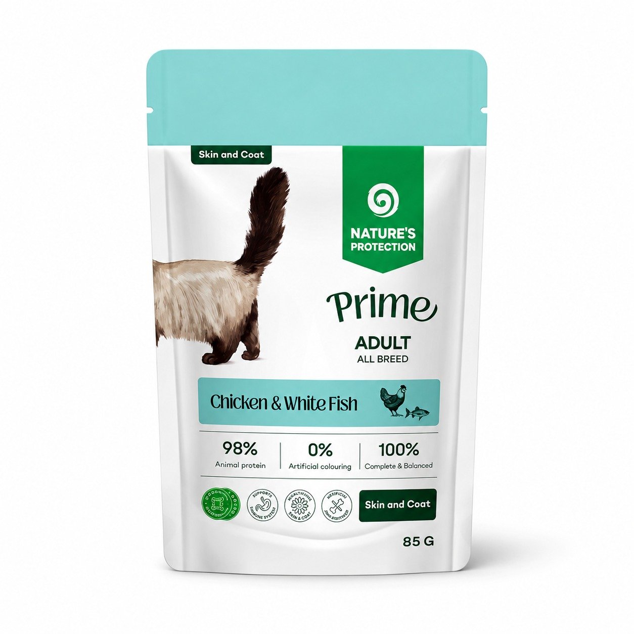 Nature's Protection Prime Skin & Coat konservi kaķiem ar vistu un baltām zivīm 85 g