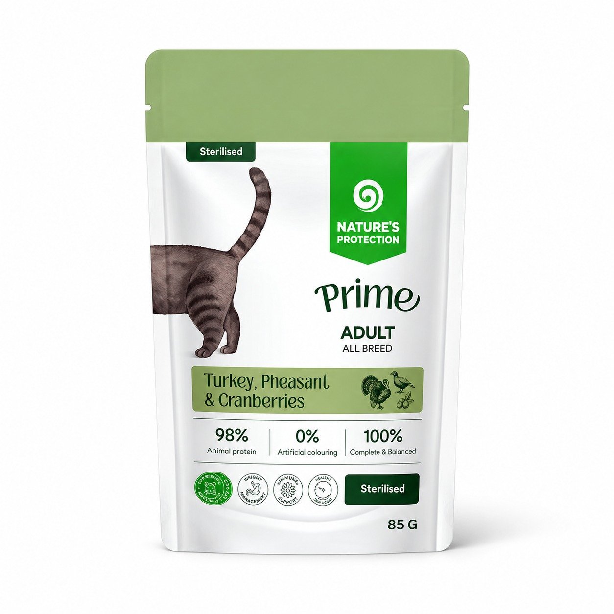 Nature's Protection Prime Sterilised konservi kaķiem ar tītaru, fazānu un dzērvenēm 85 g