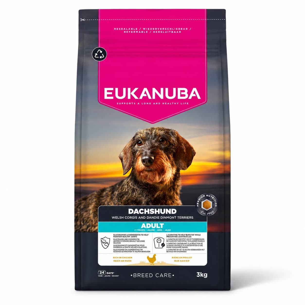 Eukanuba Breed Care Dachshund Adult barība takšiem ar vistu 3 kg
