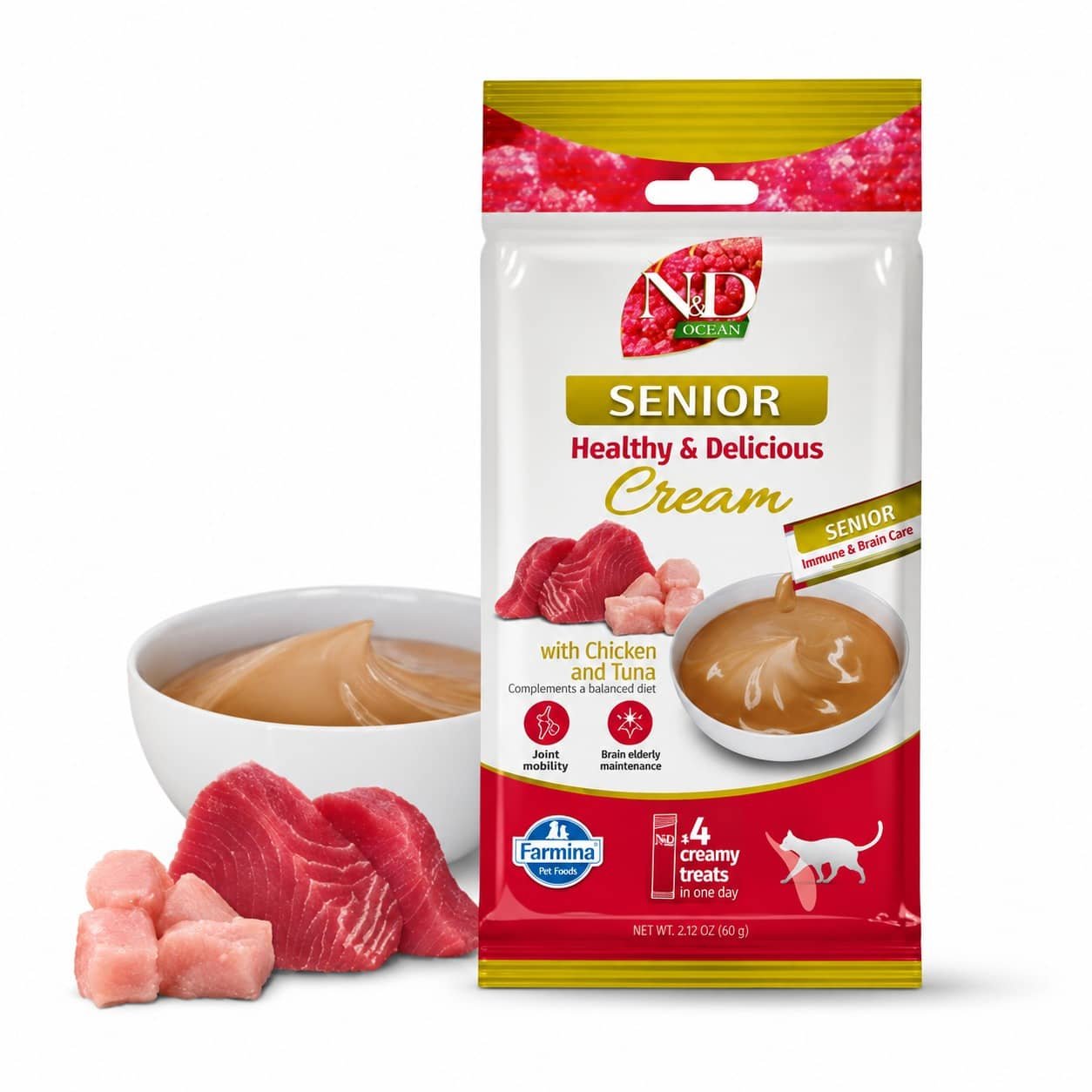 Farmina N&D Creamy Quinoa Chicken & Tuna Senior gardums kaķiem ar vistu un tunci 15 g N4