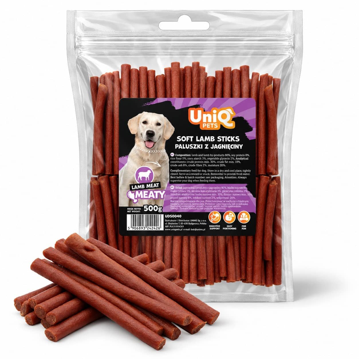 UniQ Pets Soft Lamb Sticks mīkstas jēra gaļas standziņas suņiem 500 g