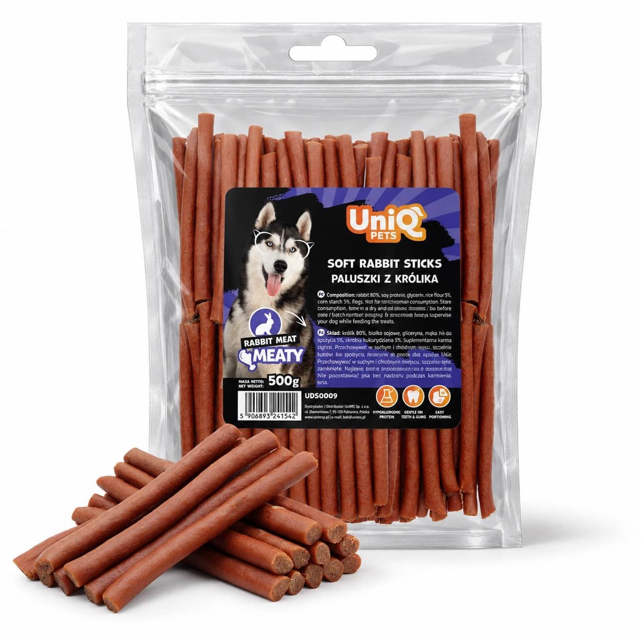 UniQ Pets Soft Rabbit Sticks mīkstas truša gaļas standziņas suņiem 500 g