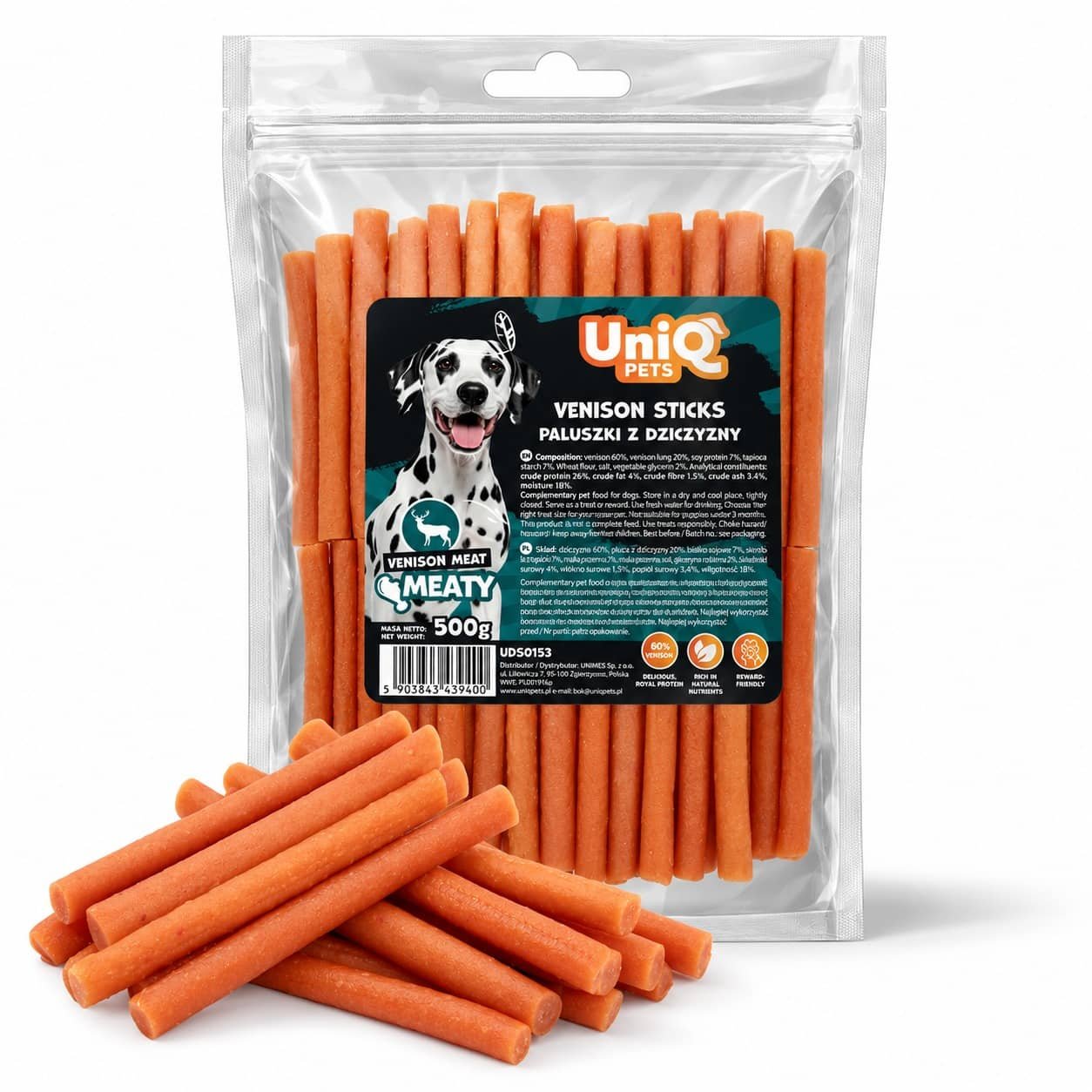 UniQ Pets Soft Venison Sticks mīkstas brieža gaļas standziņas suņiem 500 g