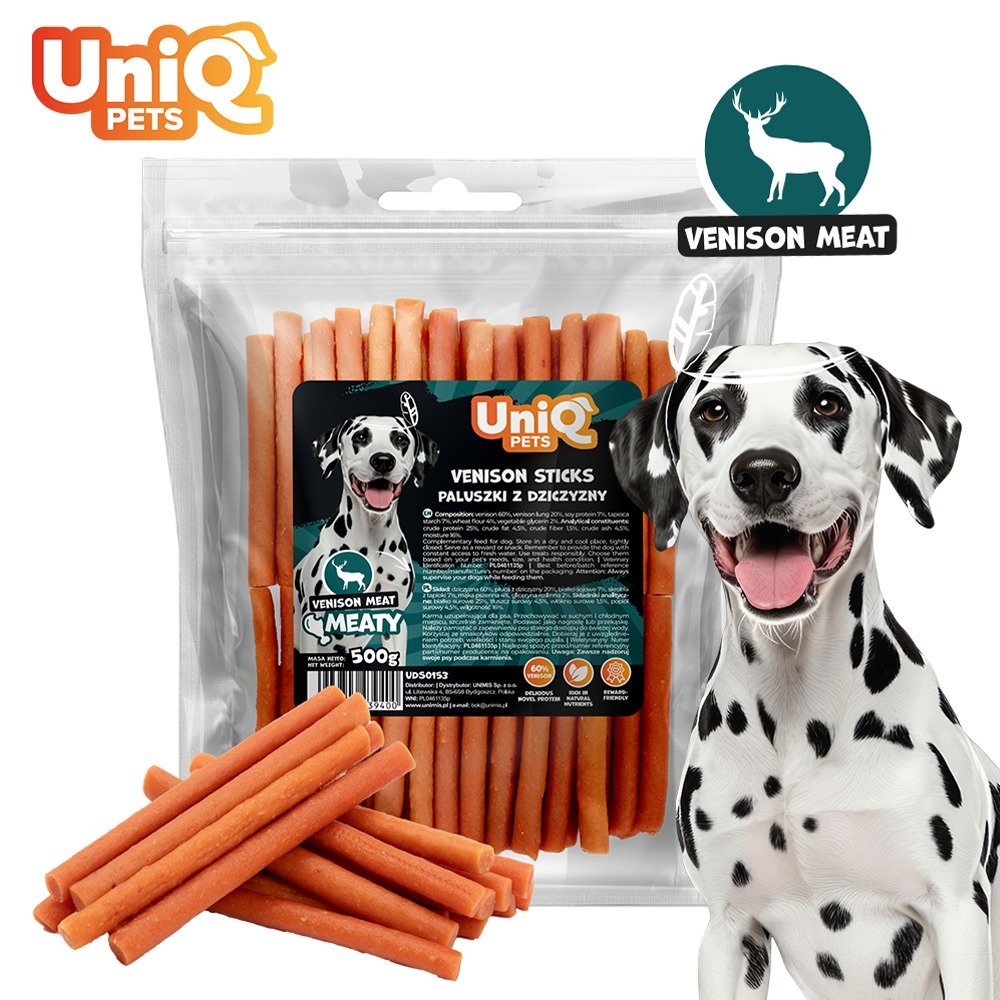 UniQ Pets Soft Venison Sticks mīkstas brieža gaļas standziņas suņiem 500 g