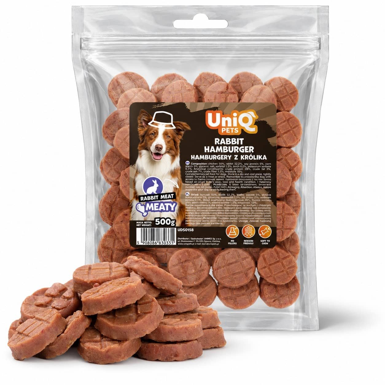 UniQ Pets Rabbit Hamburger mīkstas truša gaļas hamburgeri suņiem 500 g