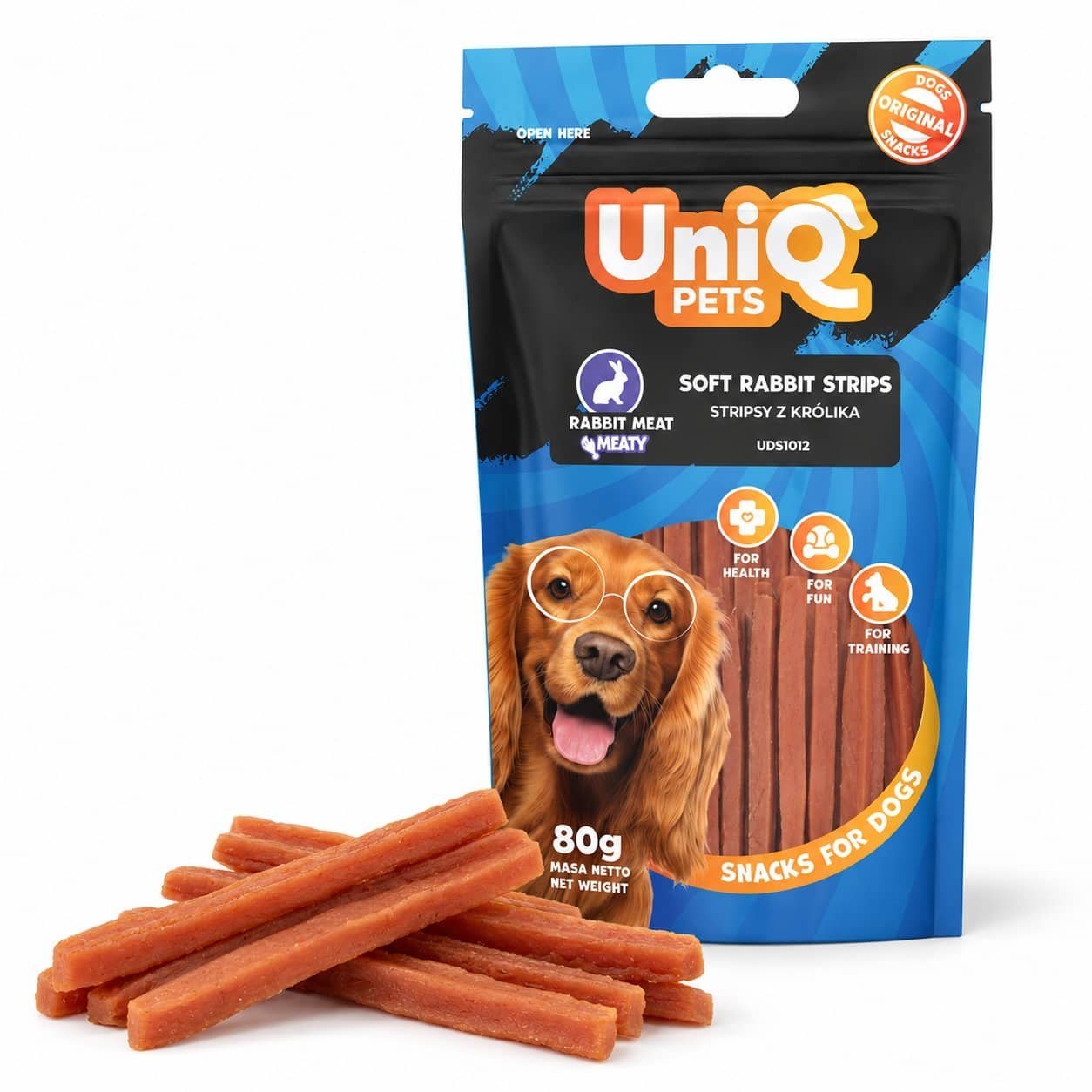 UniQ Pets Soft Rabbit Strips mīkstas truša gaļas standziņas suņiem 80 g