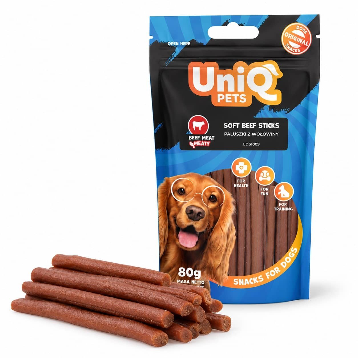 UniQ Pets Soft Beef Sticks mīkstas liellopa gaļas standziņas suņiem 80 g