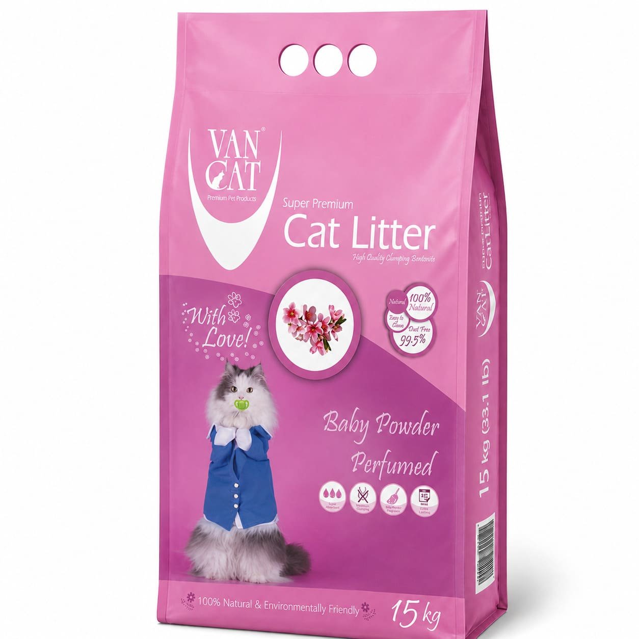 Van Cat Compact Baby Powder kaķu smiltis cementējošas ar bērnu pūdera aromātu 15 kg