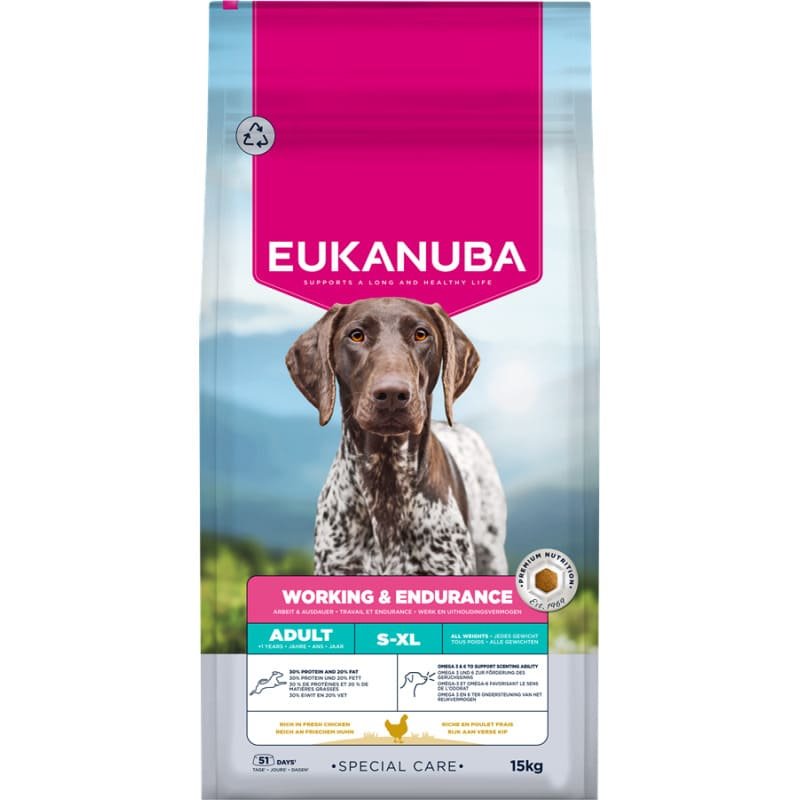 Eukanuba Working & Endurance suņu barība aktīviem suņiem ar vistu 15 kg