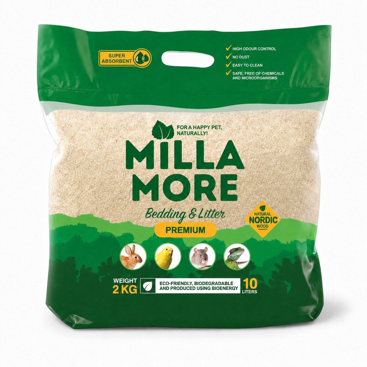 MILLAMORE PREMIUM dabīgi koksnes pakaiši putniem, grauzējiem 10L 2kg