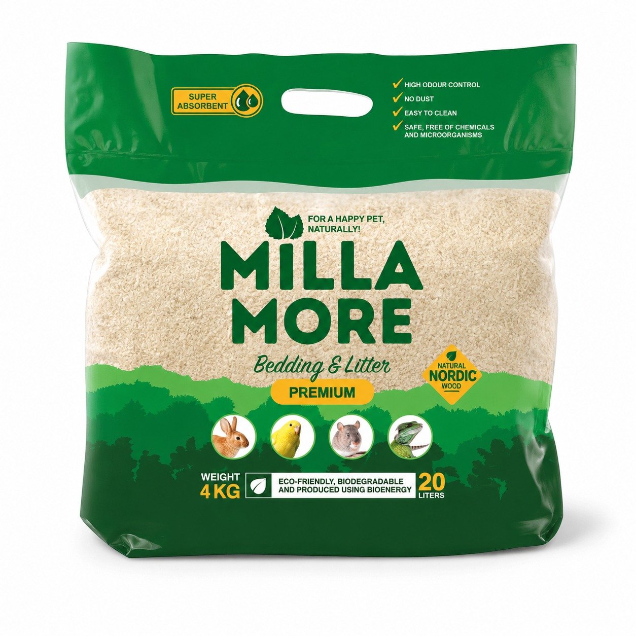 MILLAMORE PREMIUM dabīgi koksnes pakaiši putniem, grauzējiem 20L 4kg