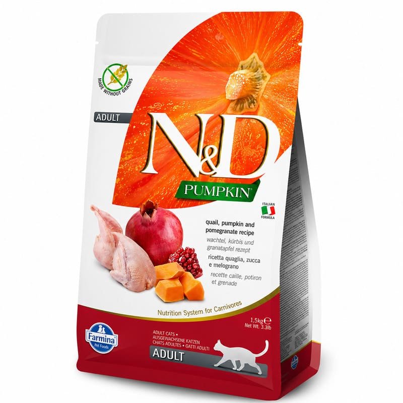Farmina N&D Pumpkin Quail bezgraudu kaķu barība ar paipalu, ķirbi un granātābolu 5 kg