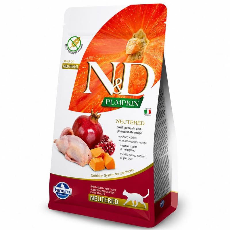 Farmina N&D Pumpkin Quail Neutered bezgraudu barība sterilizētiem kaķiem ar paipalu, ķirbi un granātābolu 1.5 kg