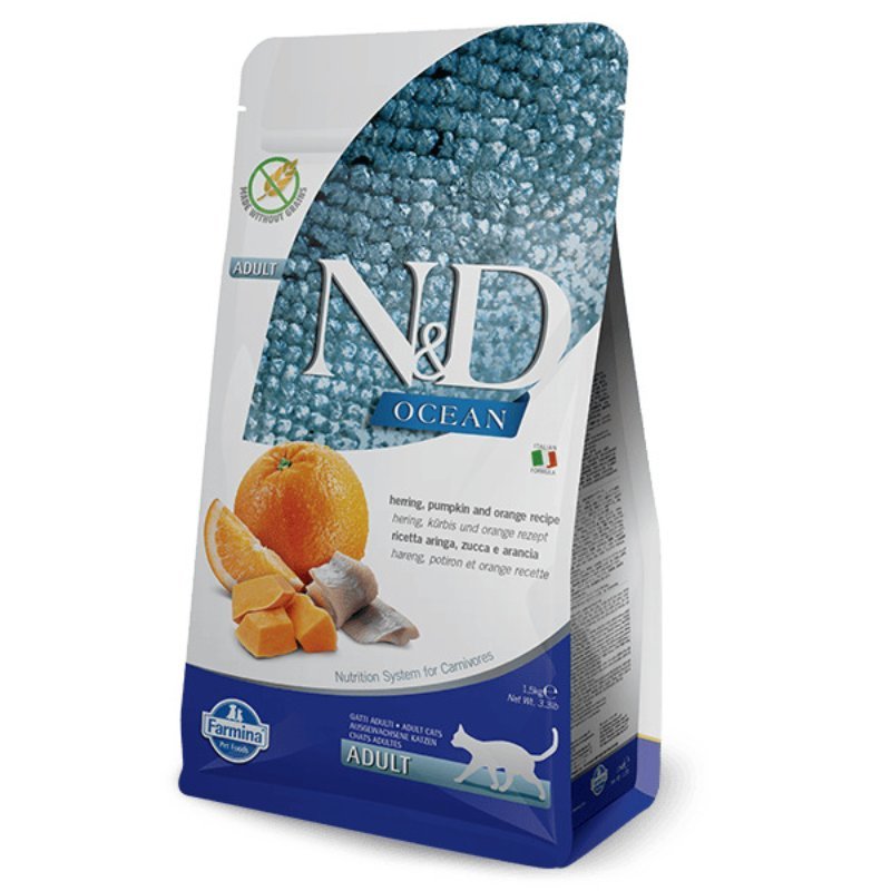 FARMINA N&D CAT GF OCEAN HERRING PUMPKIN sausā barība kaķiem Siļķes, ķirbis, apelsīni 5kg