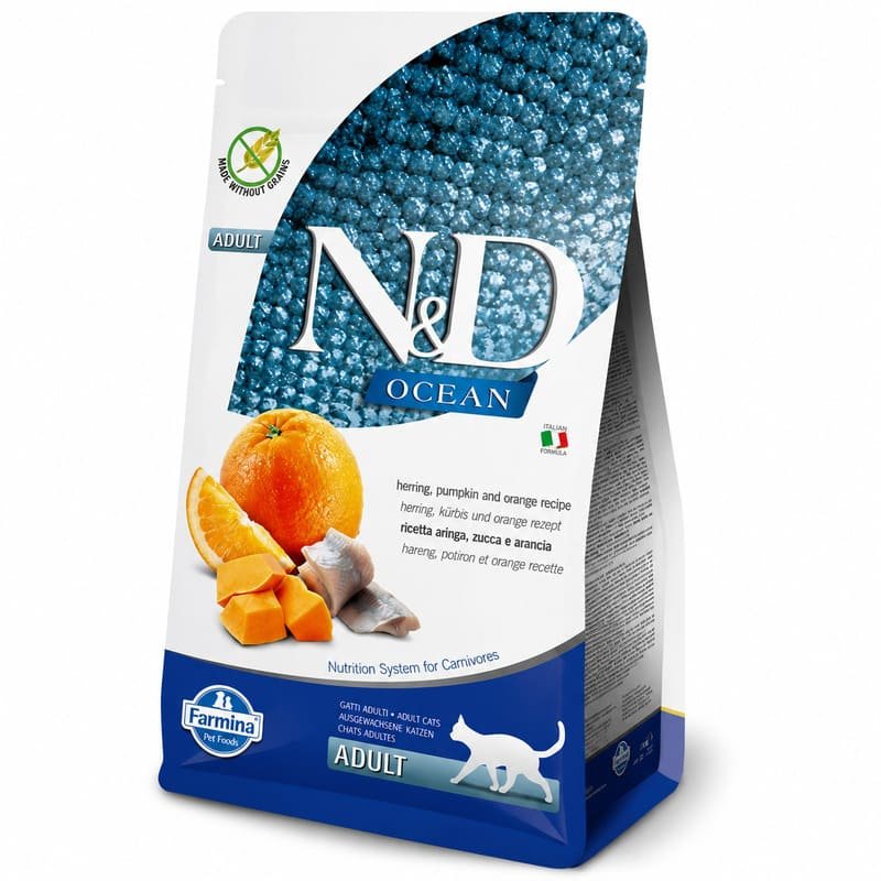 Farmina N&D Ocean Herring Pumpkin & Orange bezgraudu kaķu barība ar siļķi, ķirbi un apelsīnu 5 kg