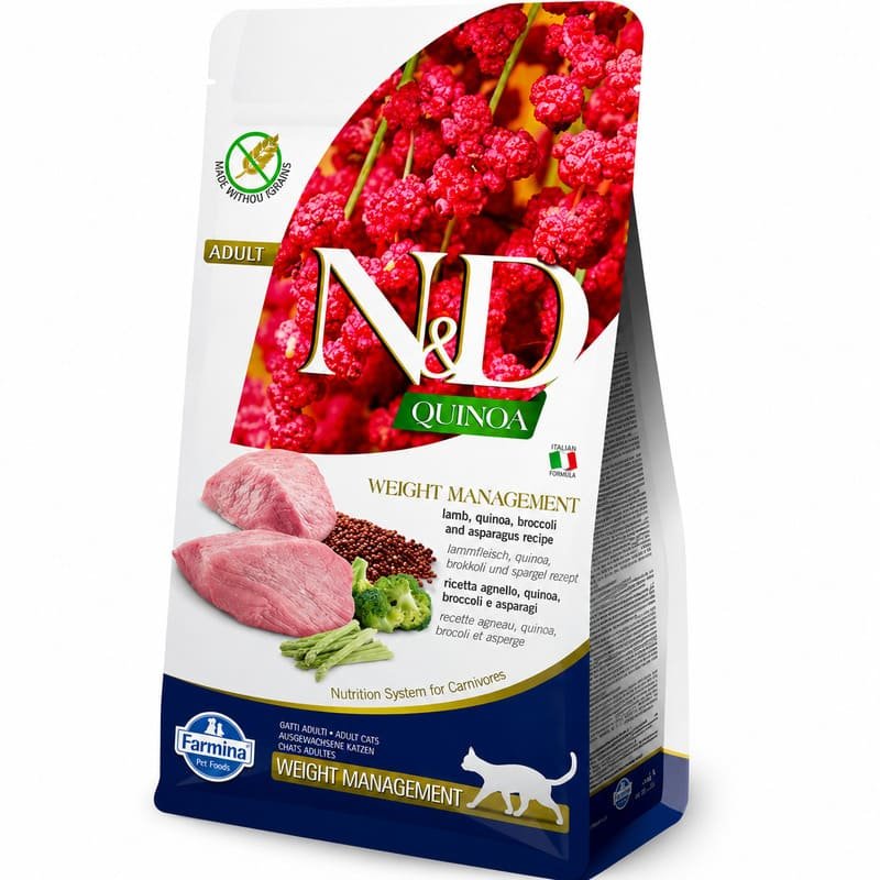 Farmina N&D Quinoa Lamb Weight Management bezgraudu kaķu barība svara kontrolei ar jēru, kvinoju un brokoļiem 1.5 kg