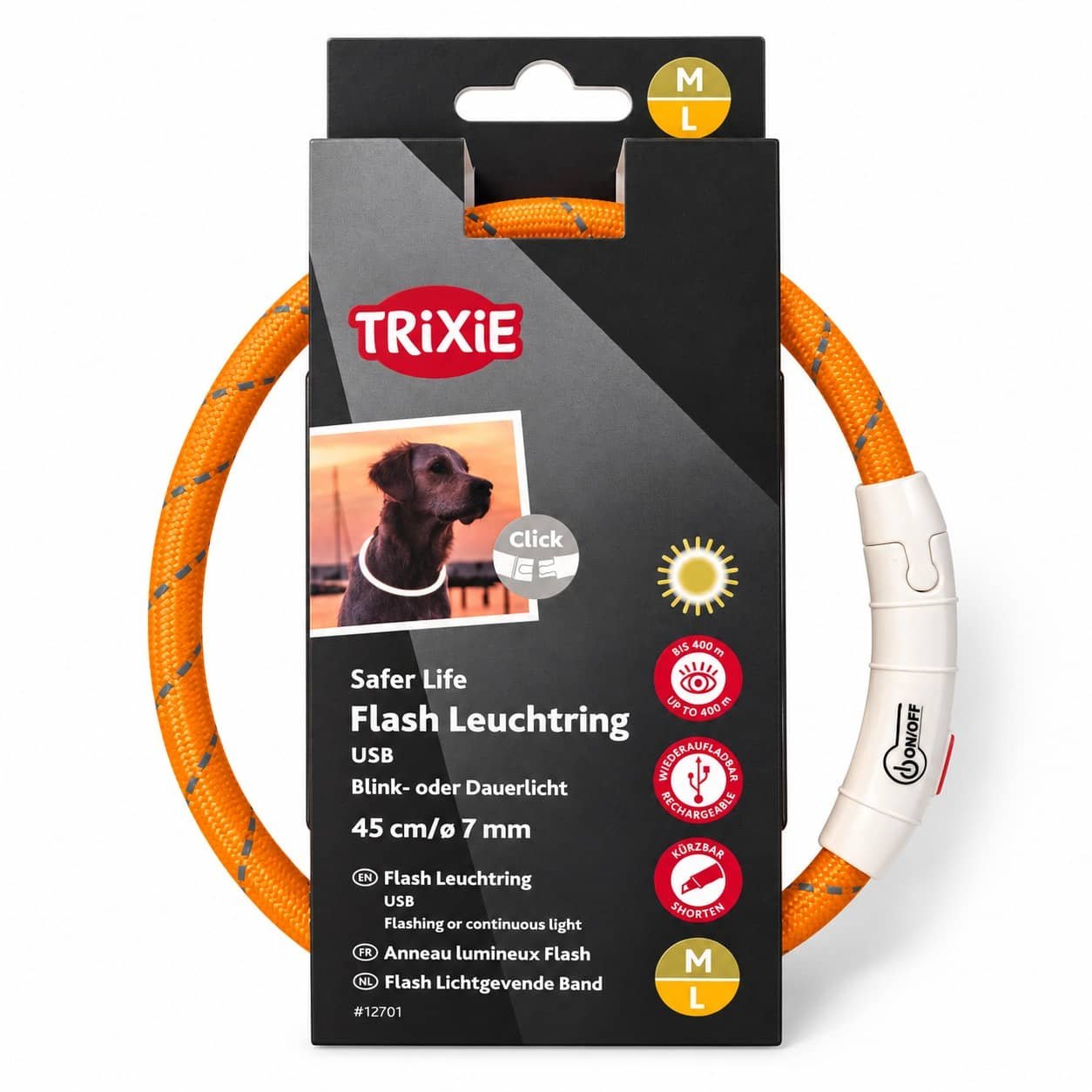 Trixie Flash Light Ring USB LED kaklasiksna suņiem M–L 45 cm oranža