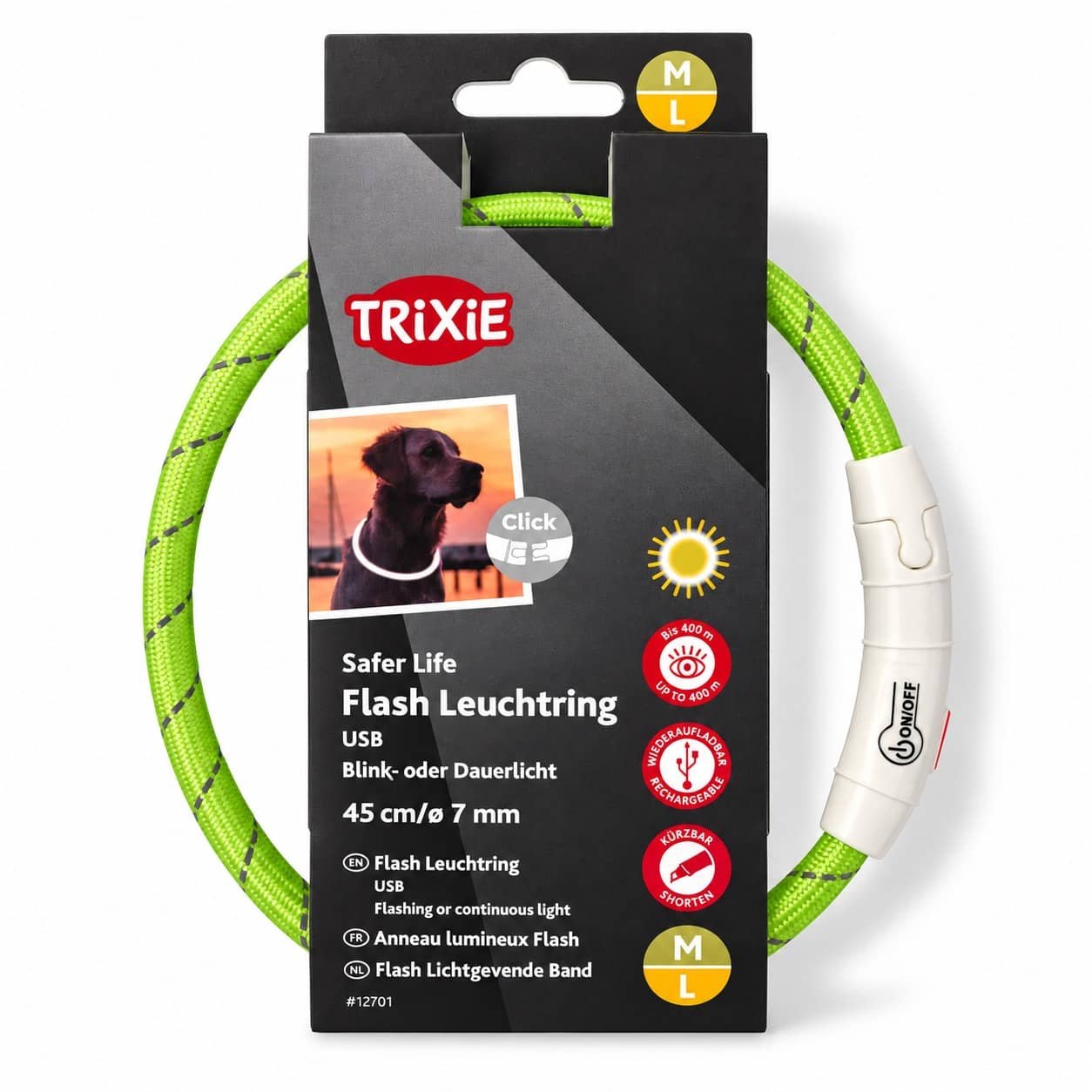 Trixie Flash Light Ring USB LED kaklasiksna suņiem M–L 45 cm zaļa