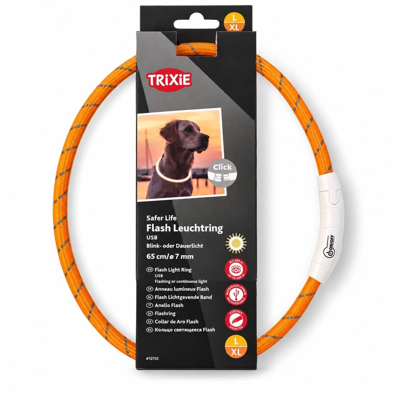 Trixie Flash Light Ring USB LED kaklasiksna suņiem L–XL 65 cm oranža