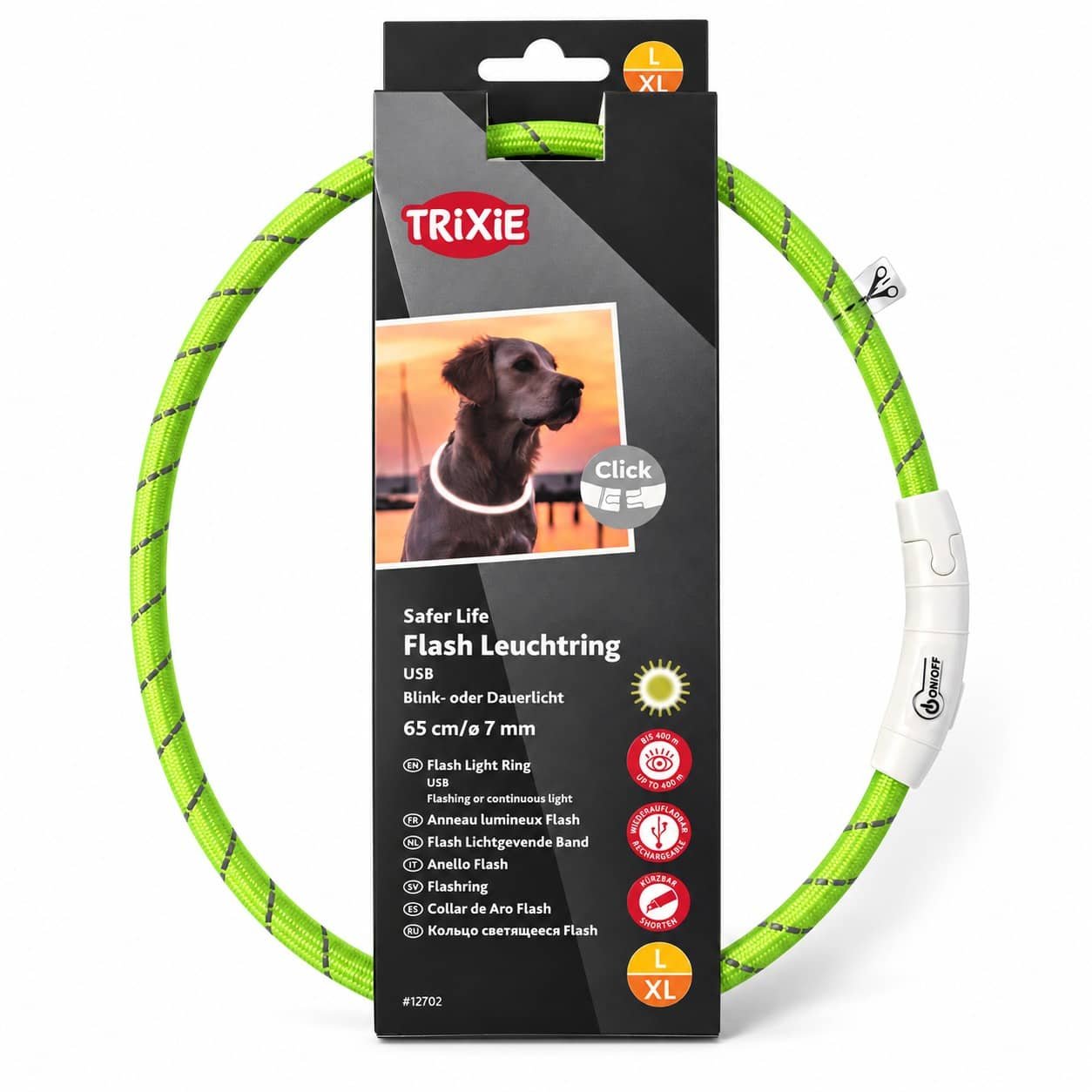 Trixie Flash Light Ring USB LED kaklasiksna suņiem L–XL 65 cm zaļa